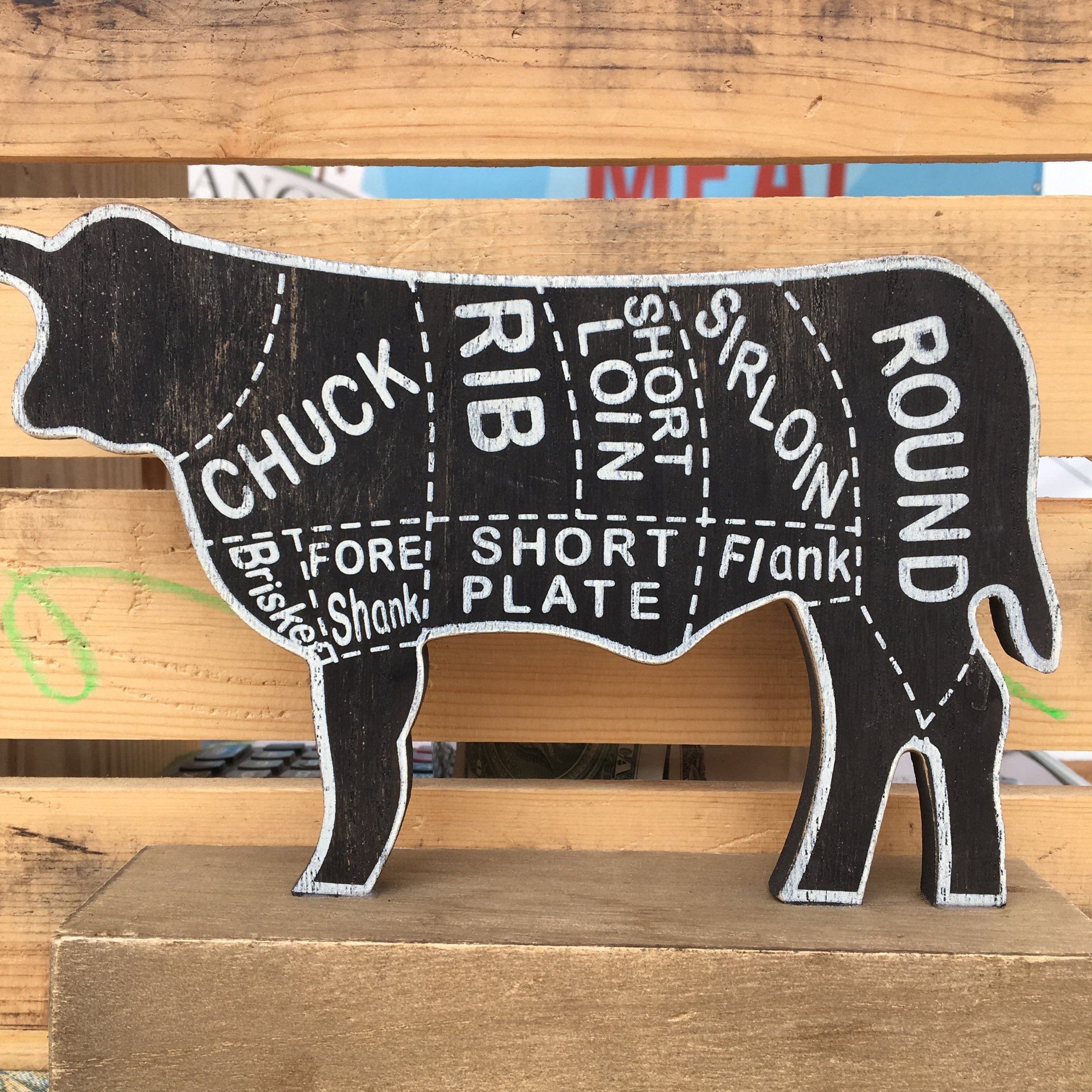 Wooden cow silhouette displaying various beef cuts labeled with terms like Chuck, Rib, Sirloin, and Round, set against a wooden background.